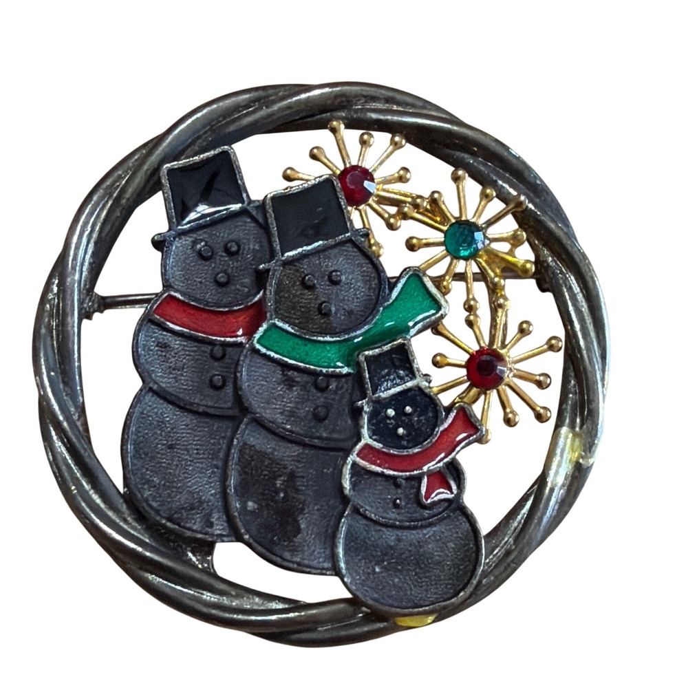 Vintage Snowman Family Wreath Brooch Pin Silver‎ Gold Tone Rhinestone Holiday